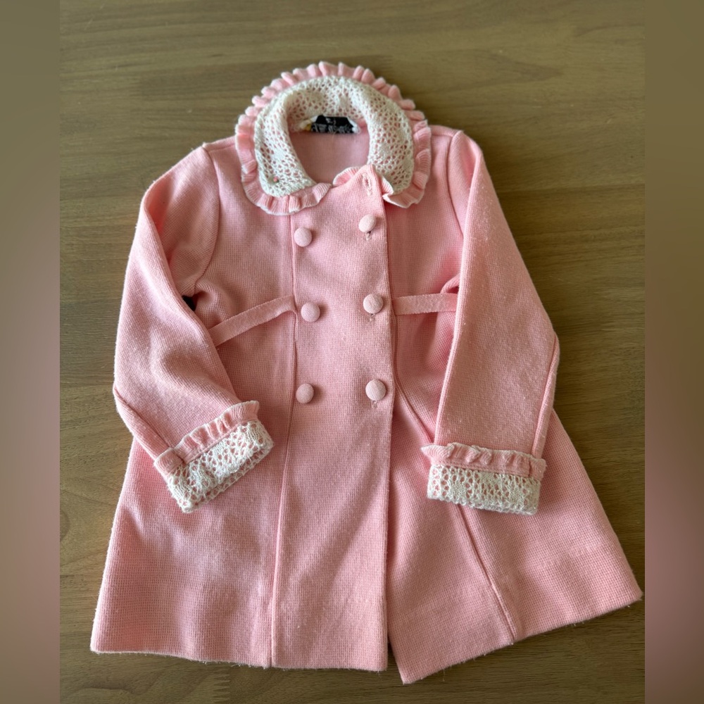 Vintage “little world” knit pea coat with adorable ruffle/lace details (2t)